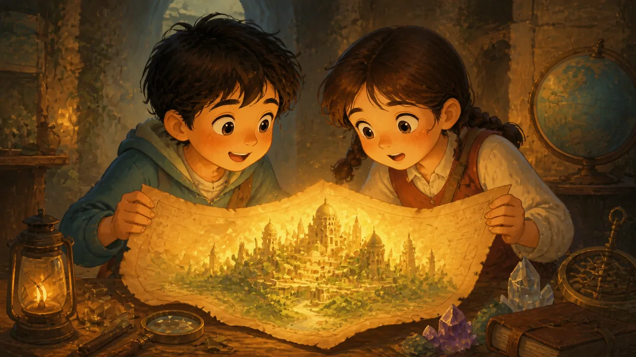 Storybook scene of children discovering a lost city